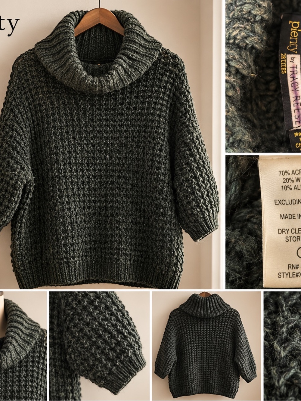 Plenty by Tracy Reese Charcoal Green Cowl Neck Alpaca Wool Sweater